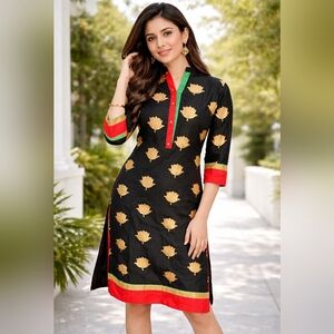 Black Gold Lotus Print Kurti Dress Tunic Red Green Trim Women’s Ethnic S